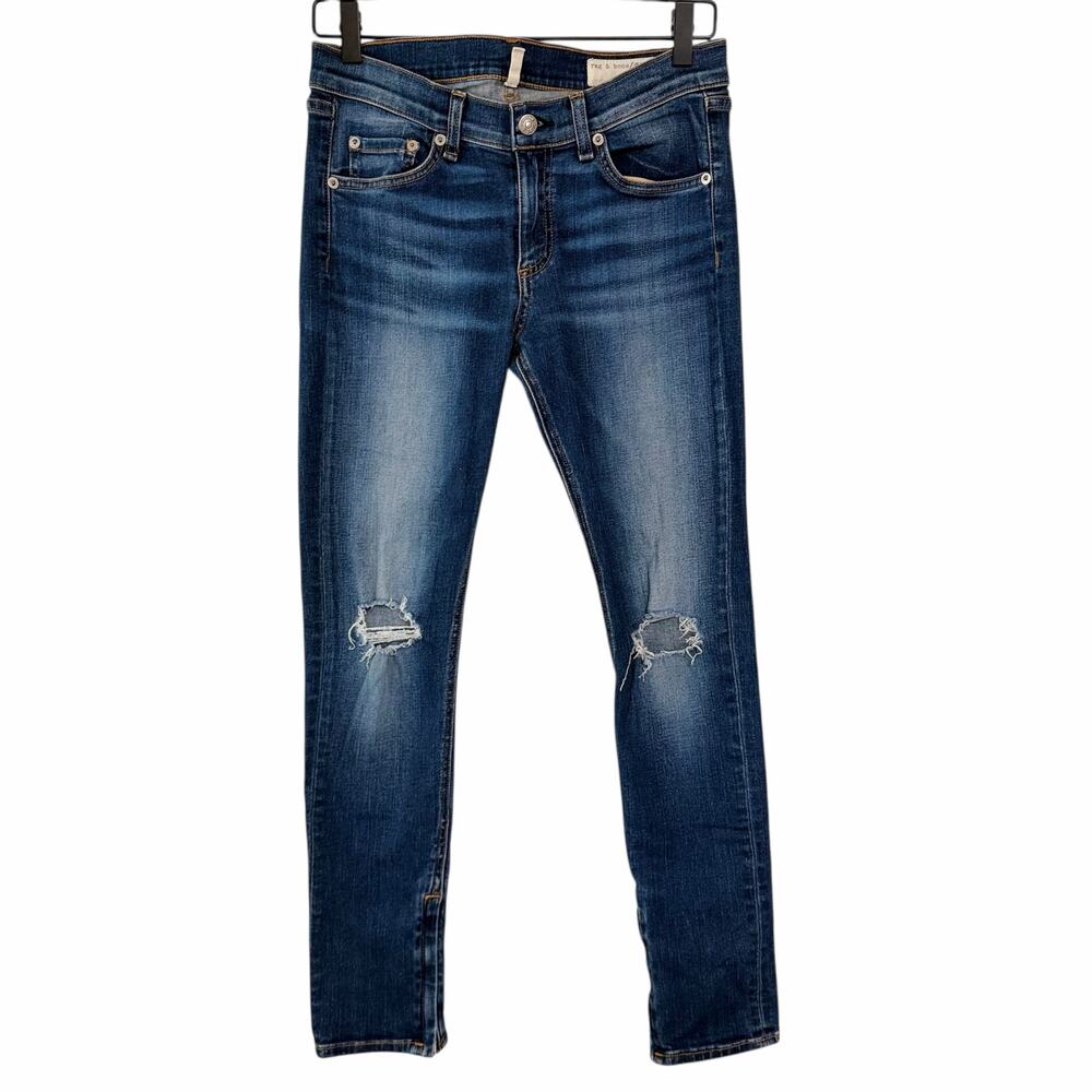 Rag & Bone Zipper Capri Jeans Pacifico Dark Blue Distressed Ripped Knee Size 28